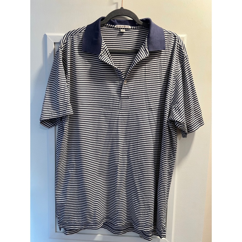 Peter Millar Mens Polo Shirt Large Navy White Striped Cotton Short Sleeve Golf